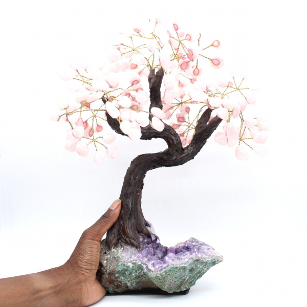 Arbre minéral base en améthyste et feuilles en quartz rose