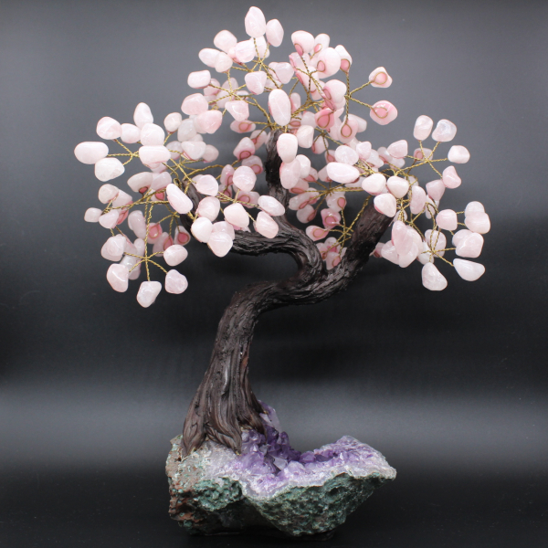 Arbre minéral base en améthyste et feuilles en quartz rose