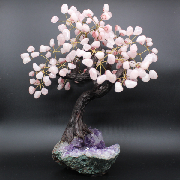 Arbre minéral base en améthyste et feuilles en quartz rose