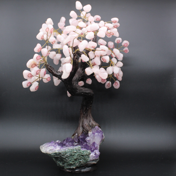Arbre minéral base en améthyste et feuilles en quartz rose