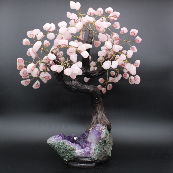 Arbre minéral base en améthyste et feuilles en quartz rose