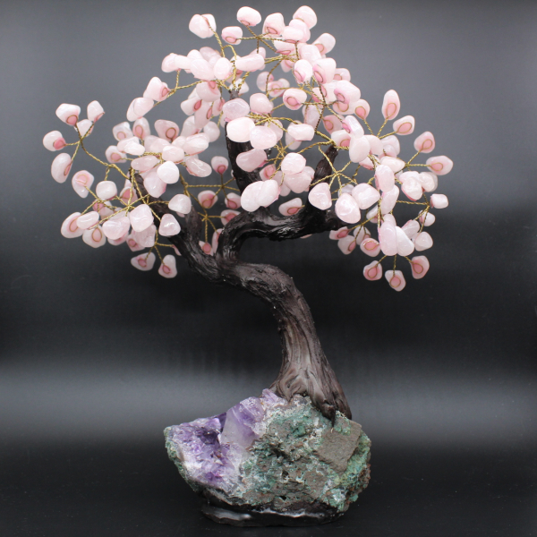 Arbre minéral base en améthyste et feuilles en quartz rose