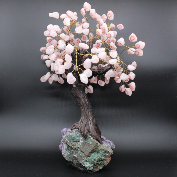Arbre minéral base en améthyste et feuilles en quartz rose