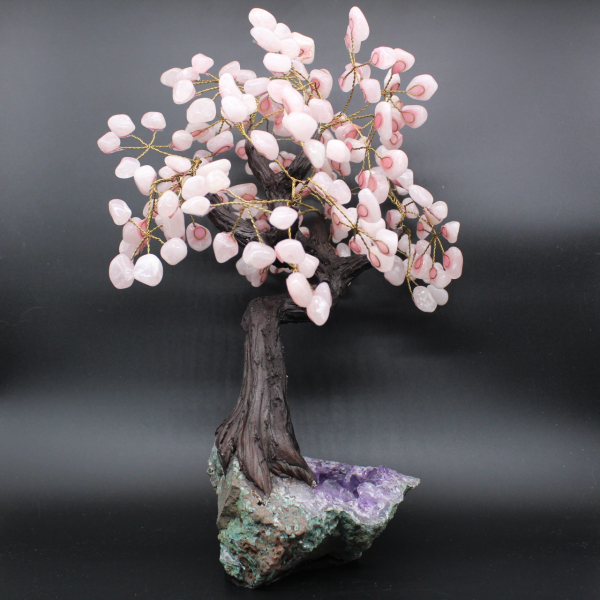 Arbre minéral base en améthyste et feuilles en quartz rose