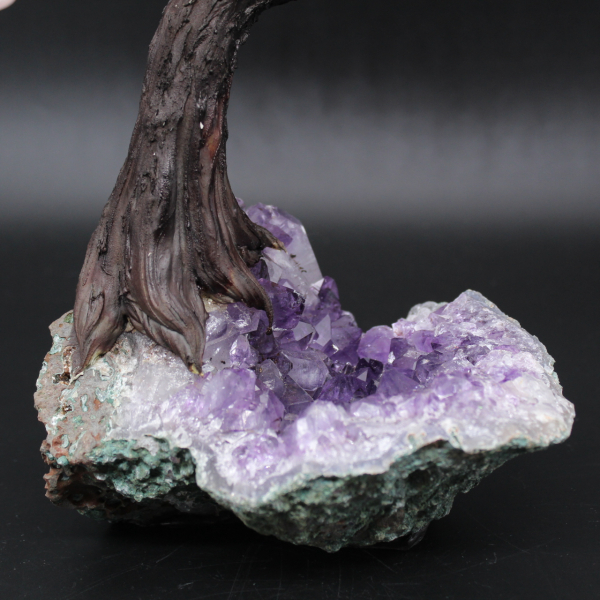 Arbre minéral base en améthyste et feuilles en quartz rose