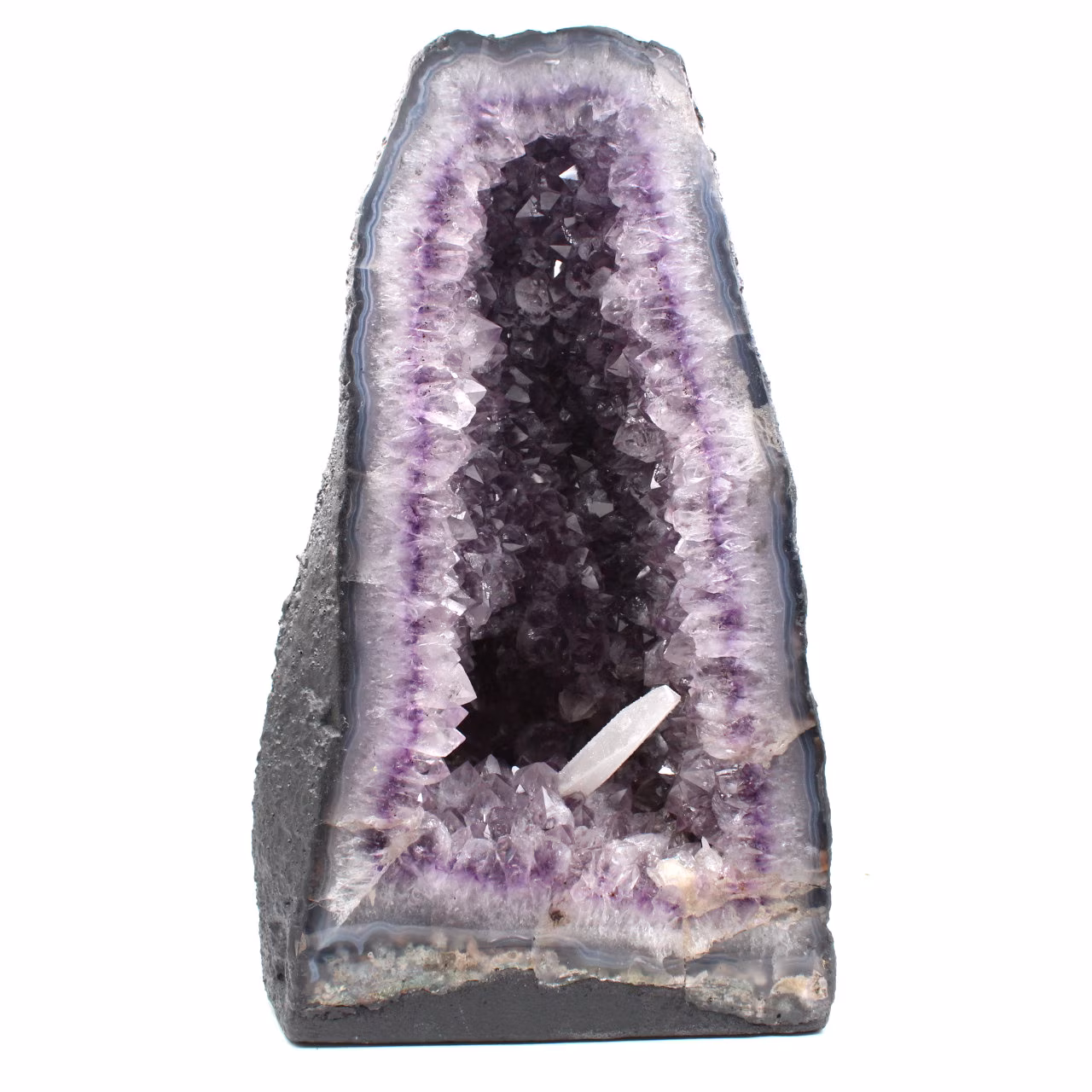 Géode d'améthyste avec cristal de calcite
