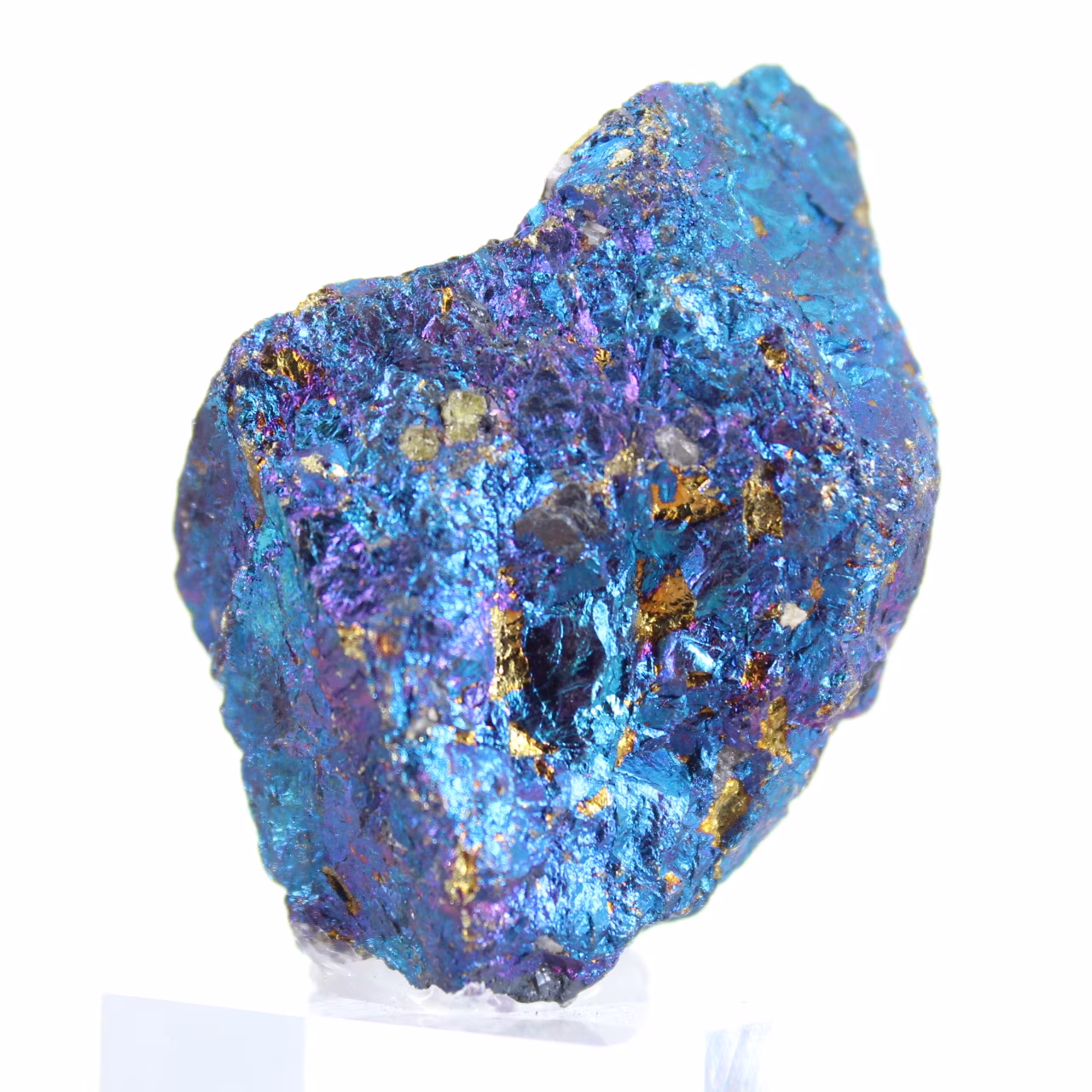 Chalcopyrite irisée du Mexique, agrégat naturel présenté sur socle