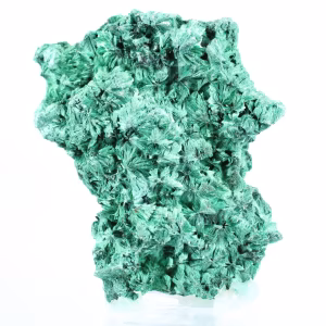 Malachite fibreuse au profil plat de RDC, minéral décoratif sur socle