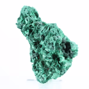 Pierre de malachite de RDC en fibres rayonnantes, socle acrylique