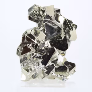 Pyrite du Pérou, cristaux octaédriques sur socle acrylique
