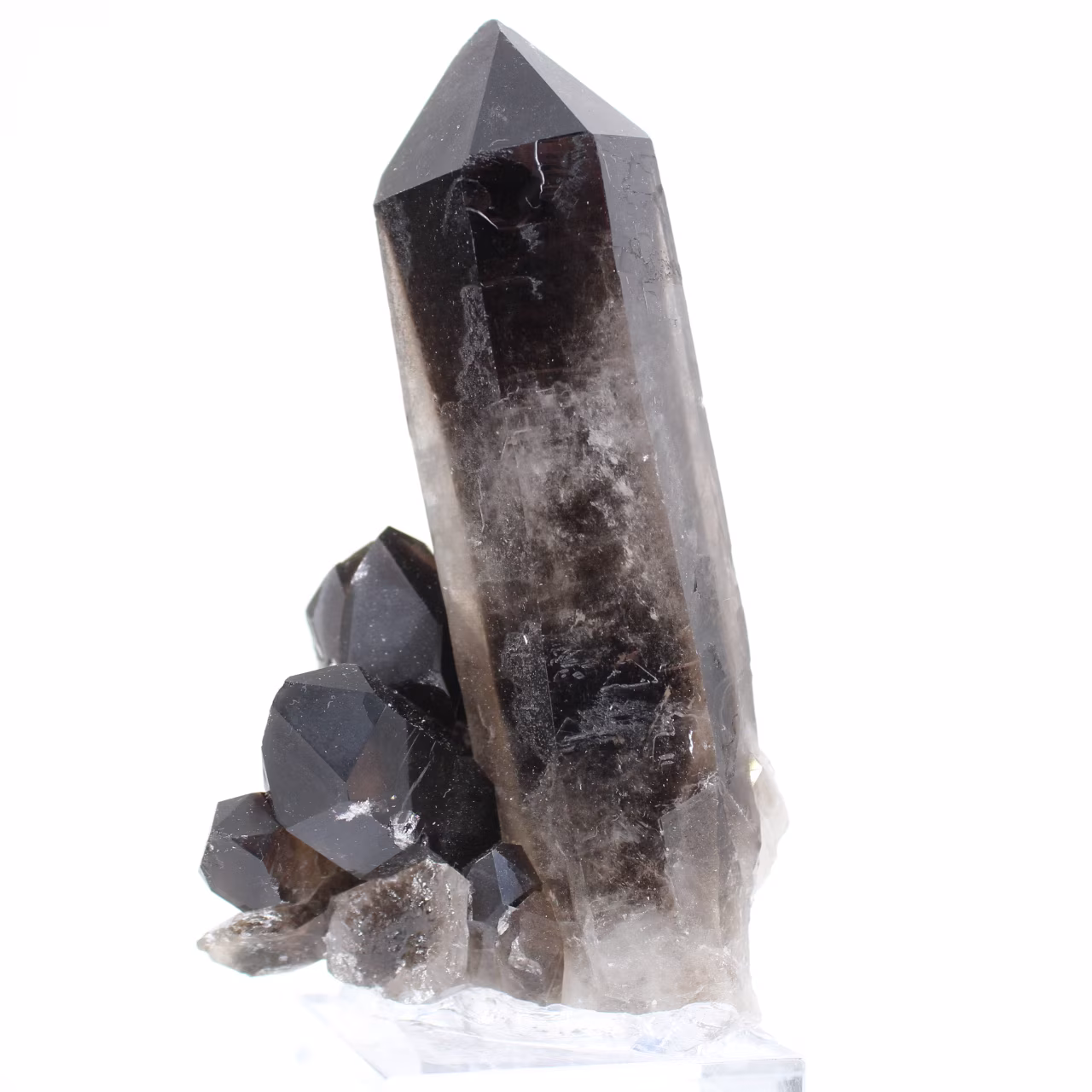 Grand cristal de quartz morion brésilien monté sur socle acrylique