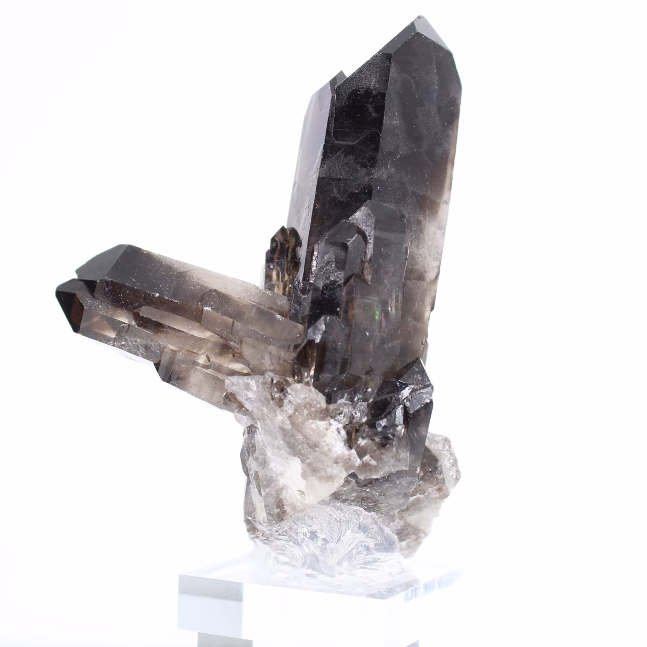 Prisme de quartz morion du Brésil, spécimen sur socle acrylique