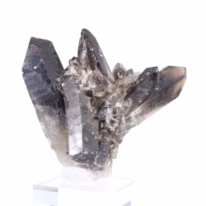 Quartz morion brésilien, cristal décoratif présenté sur socle