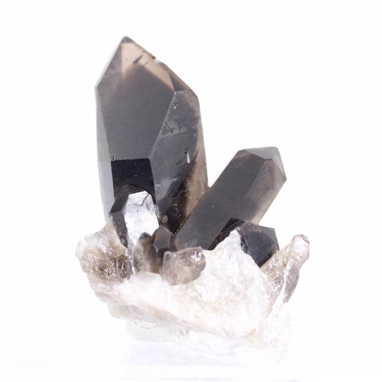 Spécimen cristallin de quartz morion du Brésil, socle acrylique inclus