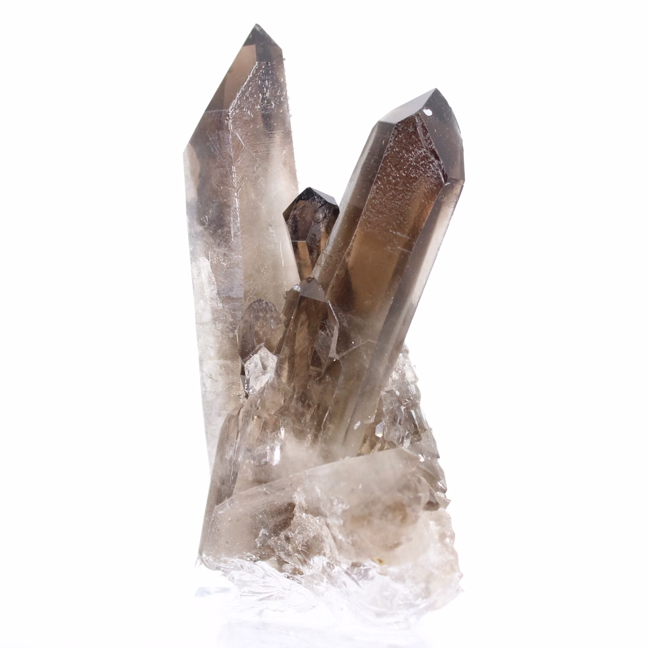 Cristal de quartz morion brésilien au port élancé, monté sur socle