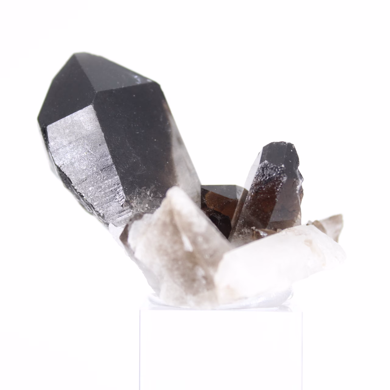 Cristal compact de quartz morion du Brésil sur socle acrylique