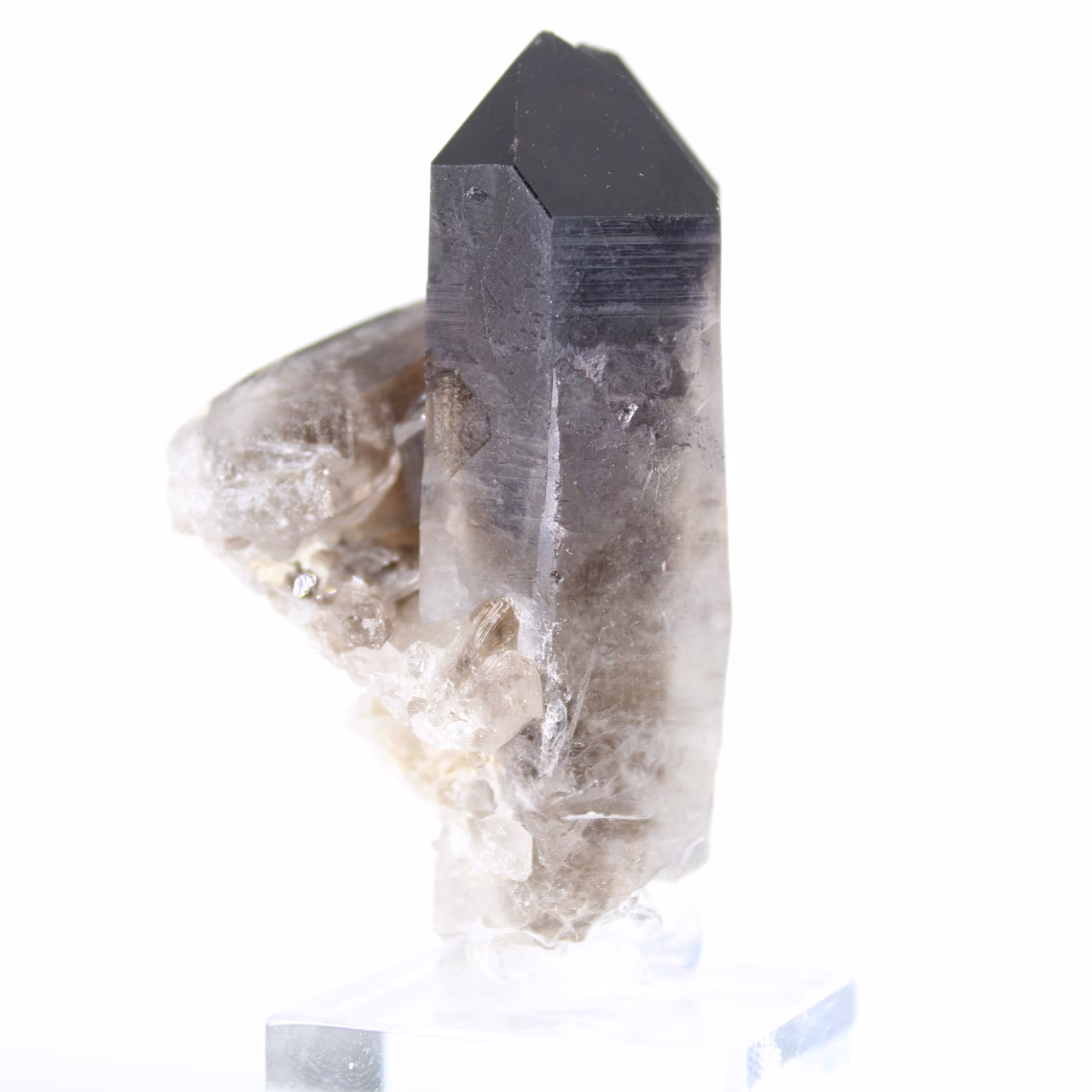 Mini cristal de quartz morion du Brésil, pierre noire sur socle